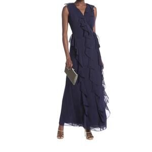 NWT DIANE VON FURSTENBERG Chiffon Maxi Wrap Dress-Lacey Navy Blue Ruffle Size SM